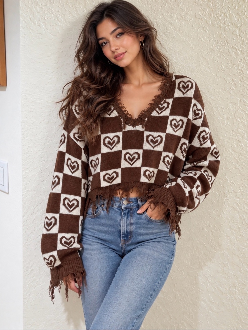 Just Polly Brown & Cream Heart-Check V-Neck Fringe Crop Sweater